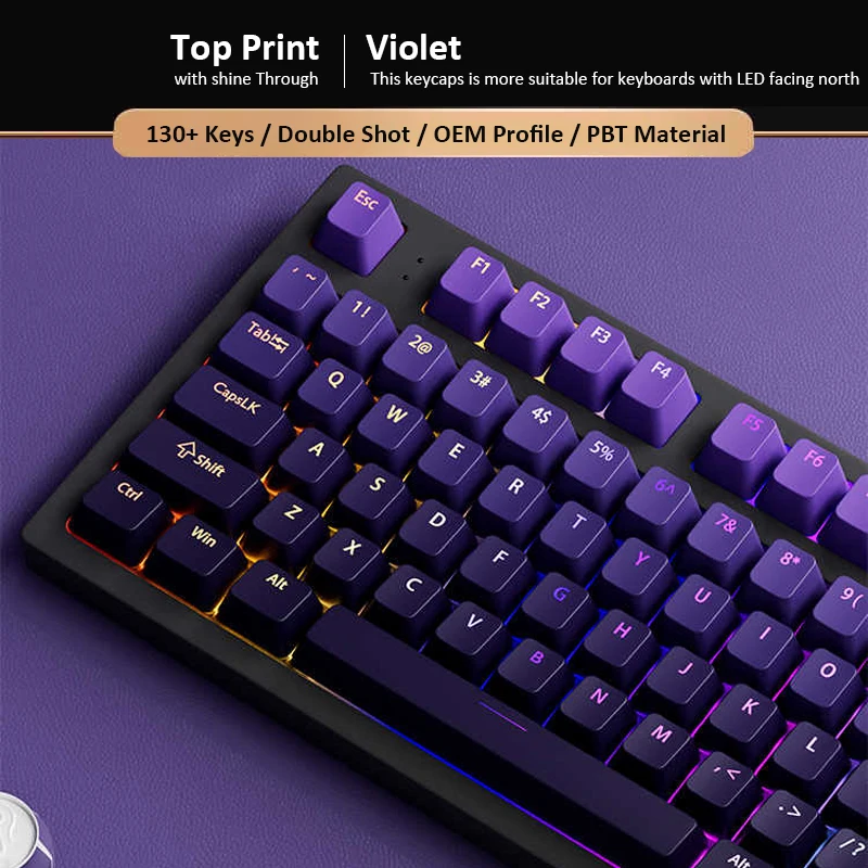 Gaming Keyboard Top - カスタムグラデーションバイオレットOEMプロファイルトップライトシャインスルーキーキャップダブルショットPBTキーキャップ130キーMXスイッチ用ゲーミングキーボード